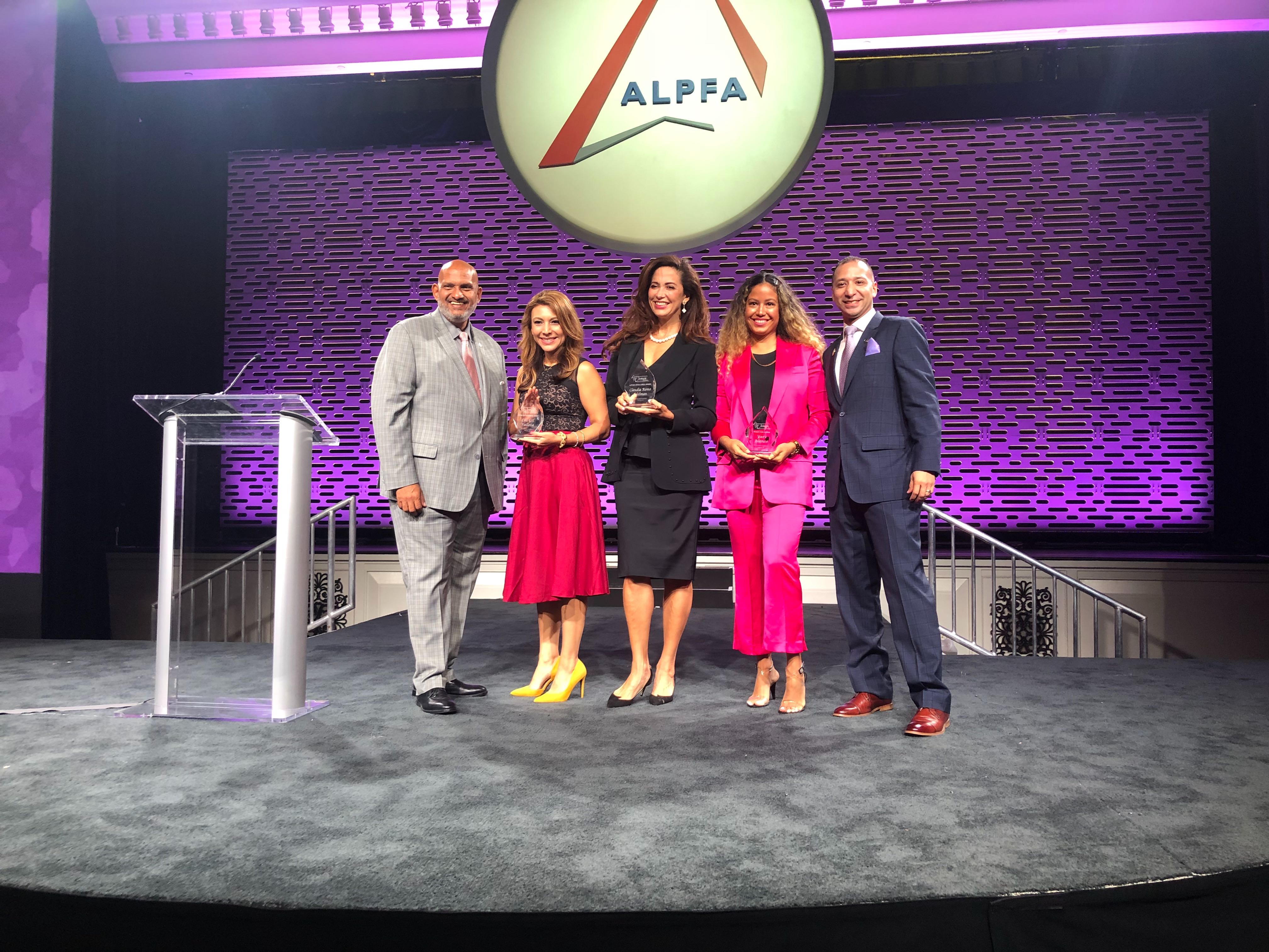 Lili Gil Valletta, Claudia Romo Edelman, and Yari Blanco were each awarded for their trailblazing work in building more Latina leaders. Also pictured: Daniel Villao, Board of Directors chair for ALPFA & Damian Rivera, CEO of ALPFA. Photo Courtesy of Martin Alfaro