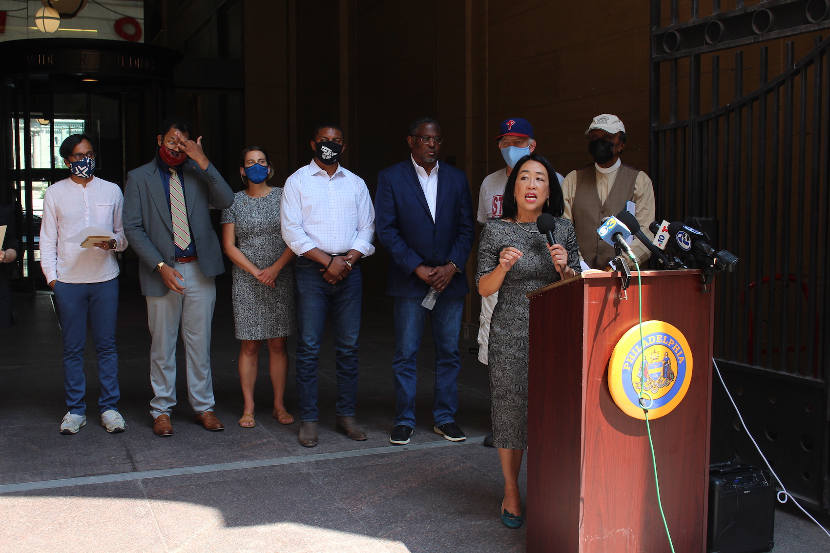 (Right to left) Councilmember Helen Gym, Nicolas O'Rouke, Rep. Elizabeth Fiedler, Rep. Rick Krajewski, Sen. Nikil Saval. Ericka Conant