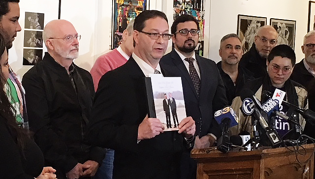 Paul Frame speaks about the detention by ICE of his husband, Jose "Ivan" Nuñez, during a press conference on Feb. 19. John N. McGuire / AL DÍA News