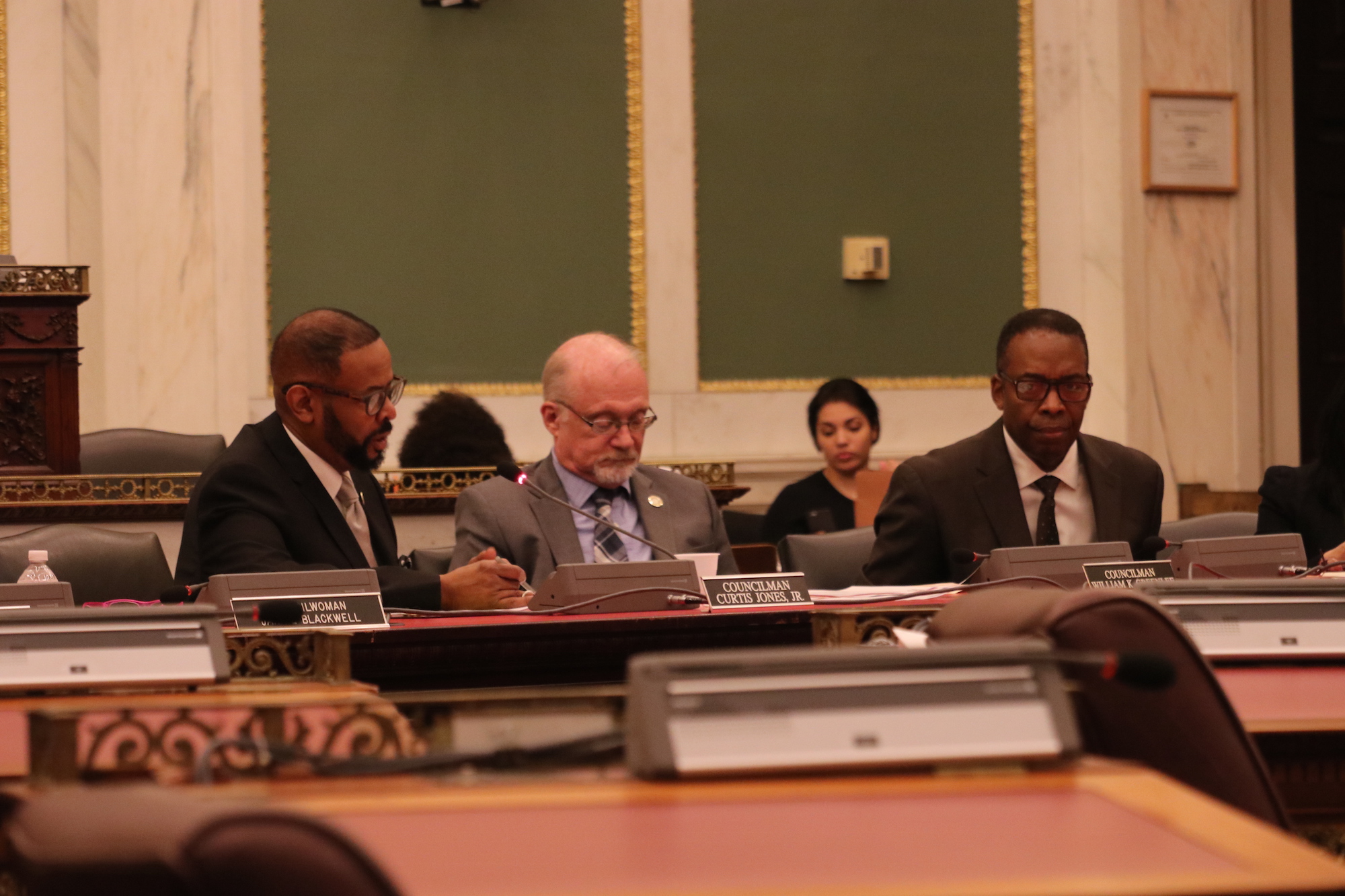 Committee Chair Curtis Jones Jr., Councilmember Bill Greenlee and Council President Darrell Clarke sit in on the Committee of Public Safety's public hearing on Oct. 30. Photo: Michelle Myers/AL DÍA News.