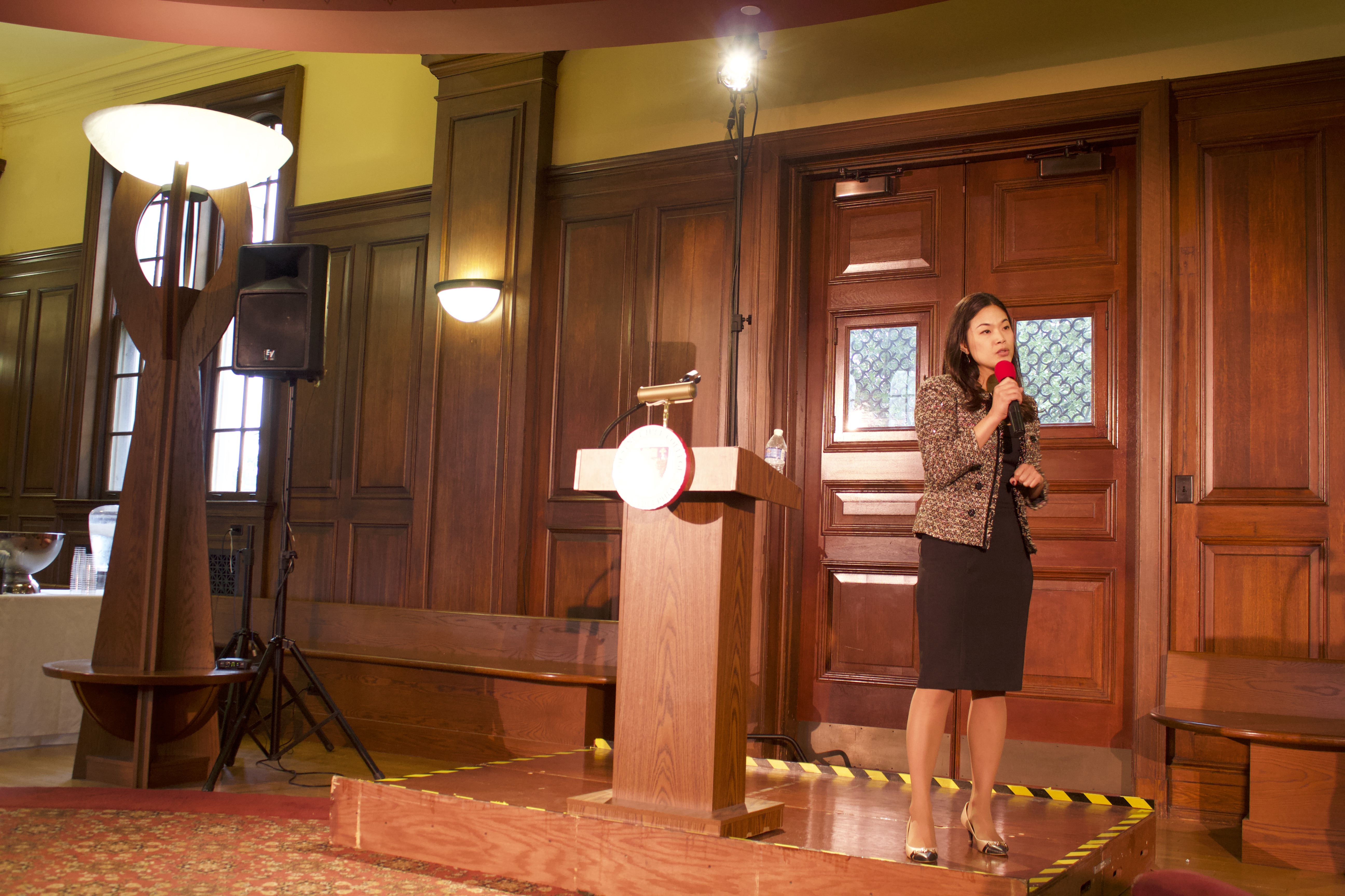 Pearl Kim fields a question during her talk at Chestnut Hill College on Monday.