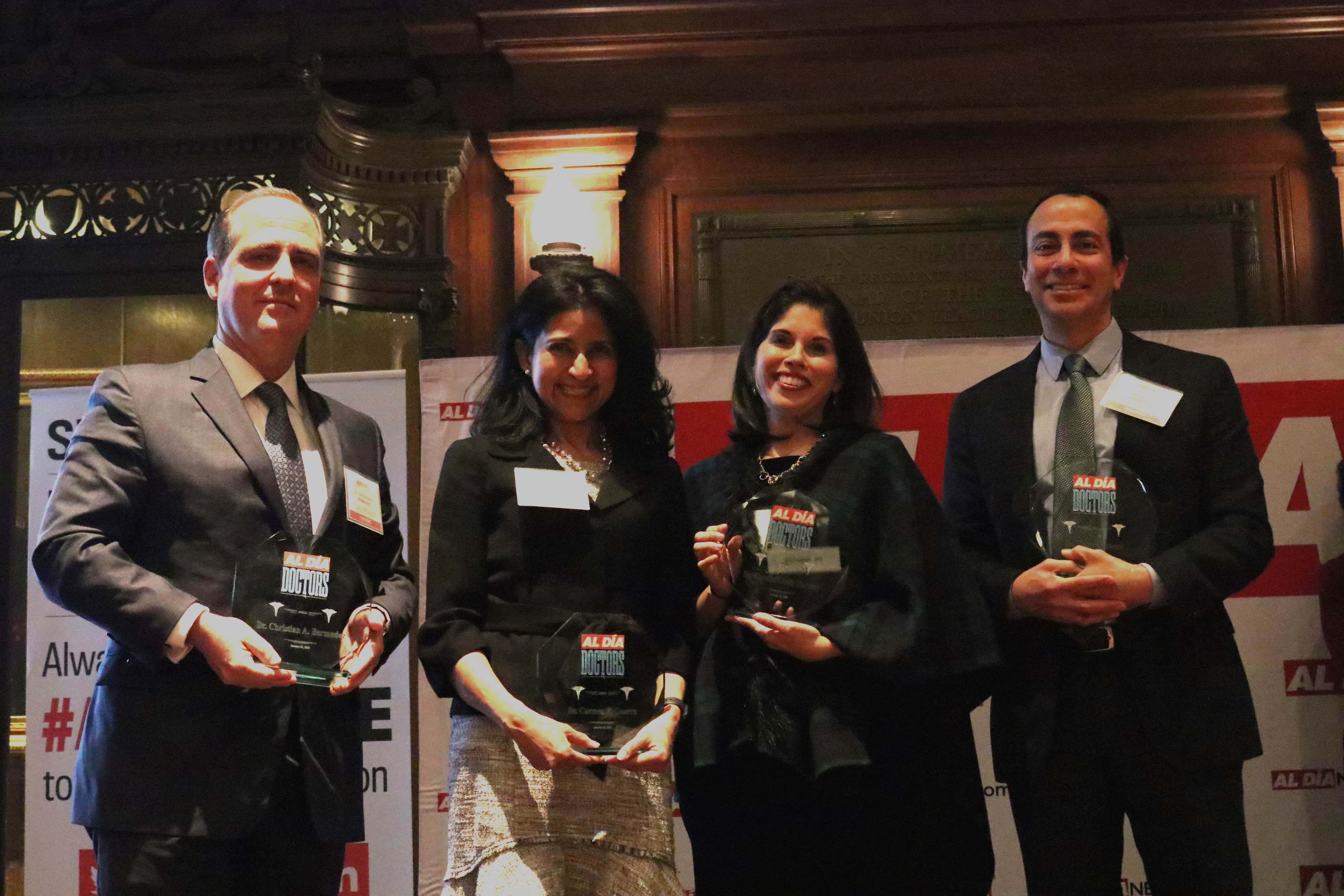 Dr. Christian Bermudez, Dr. Carmen Guerra, Dr. Natalia Ortiz-Torrent, and Dr. Victor Navarro were the four honorees at the AL DÍA Top Doctors Forum and Reception. Photo: Nigel Thompson / AL DÍA News
