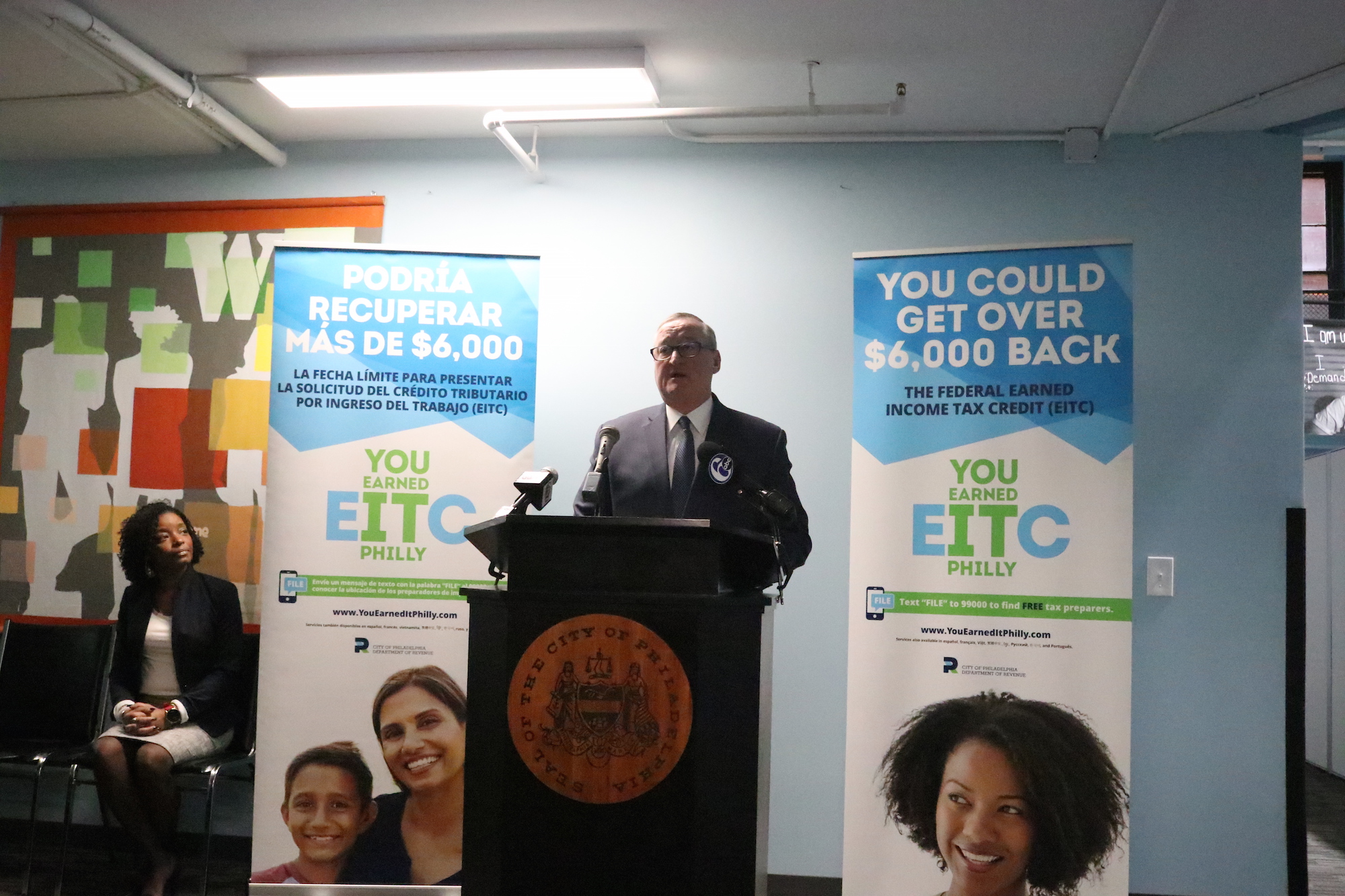 Philadelphia Mayor Jim Kenney speaks at a press conference announcing the city's annual "You Earned It Philly" campaign. Photo: Nigel Thompson/AL DÍA News.