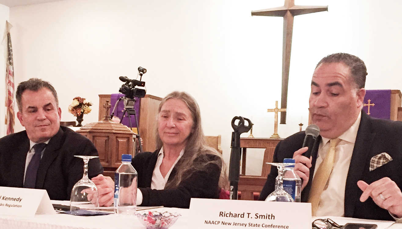 NJ NAACP head Richard Smith (with mic), Dr. Cheryl Kennedy with Doctors for Cannabis Regulation (center) and (left) Gloucester County DA Charles Fiore at forum on marijuana legalization.LBWPhoto
