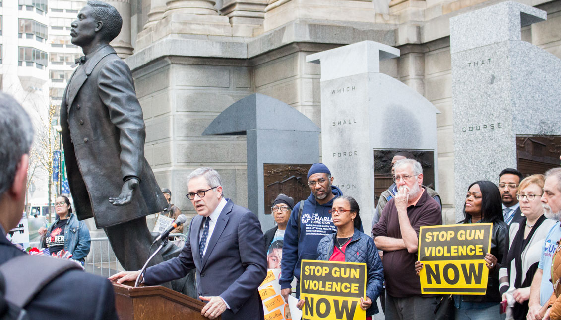 District Attorney Larry Krasner spoke at the Feb. 20 vigil held in honor of the victims of the shooting at Marjory Stoneman High School. John N. McGuire / AL DÍA News