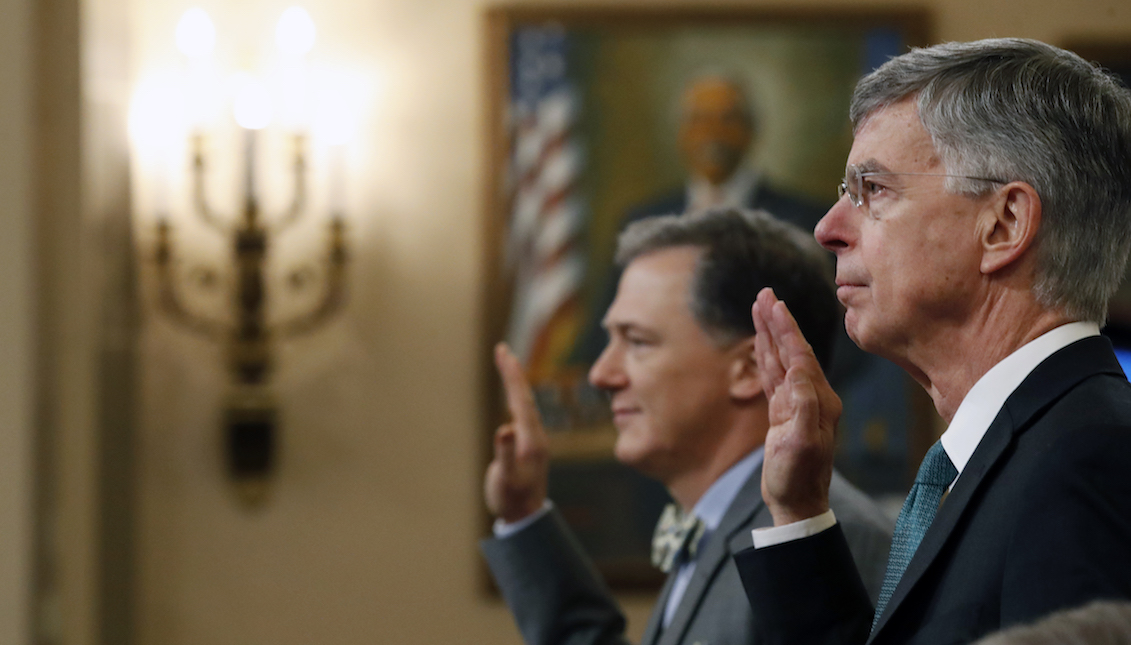 WASHINGTON, DC - NOVEMBER 13: Top U.S. diplomat to Ukraine, William B. Taylor Jr. (R), and Deputy Assistant Secretary for European and Eurasian Affairs George P. Kent (L) are sworn in to testify before the House Permanent Select Committee on Intelligence hearing on the impeachment inquiry into US President Donald J. Trump, on Capitol Hill November 13, 2019 in Washington, DC.  (Photo by Alex Brandon-Pool/Getty Images)