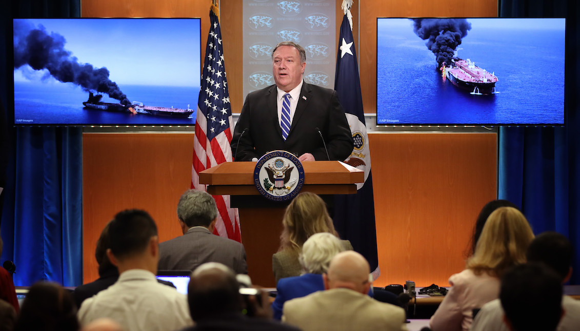 WASHINGTON, DC - JUNE 13: U.S. Secretary of State Mike Pompeo speaks from the State Department briefing room on June 13, 2019 in Washington, DC. Pompeo said, "It is the assessment of the U.S. government that Iran is responsible for today's attacks in the Gulf of Oman. (Photo by Win McNamee/Getty Images)