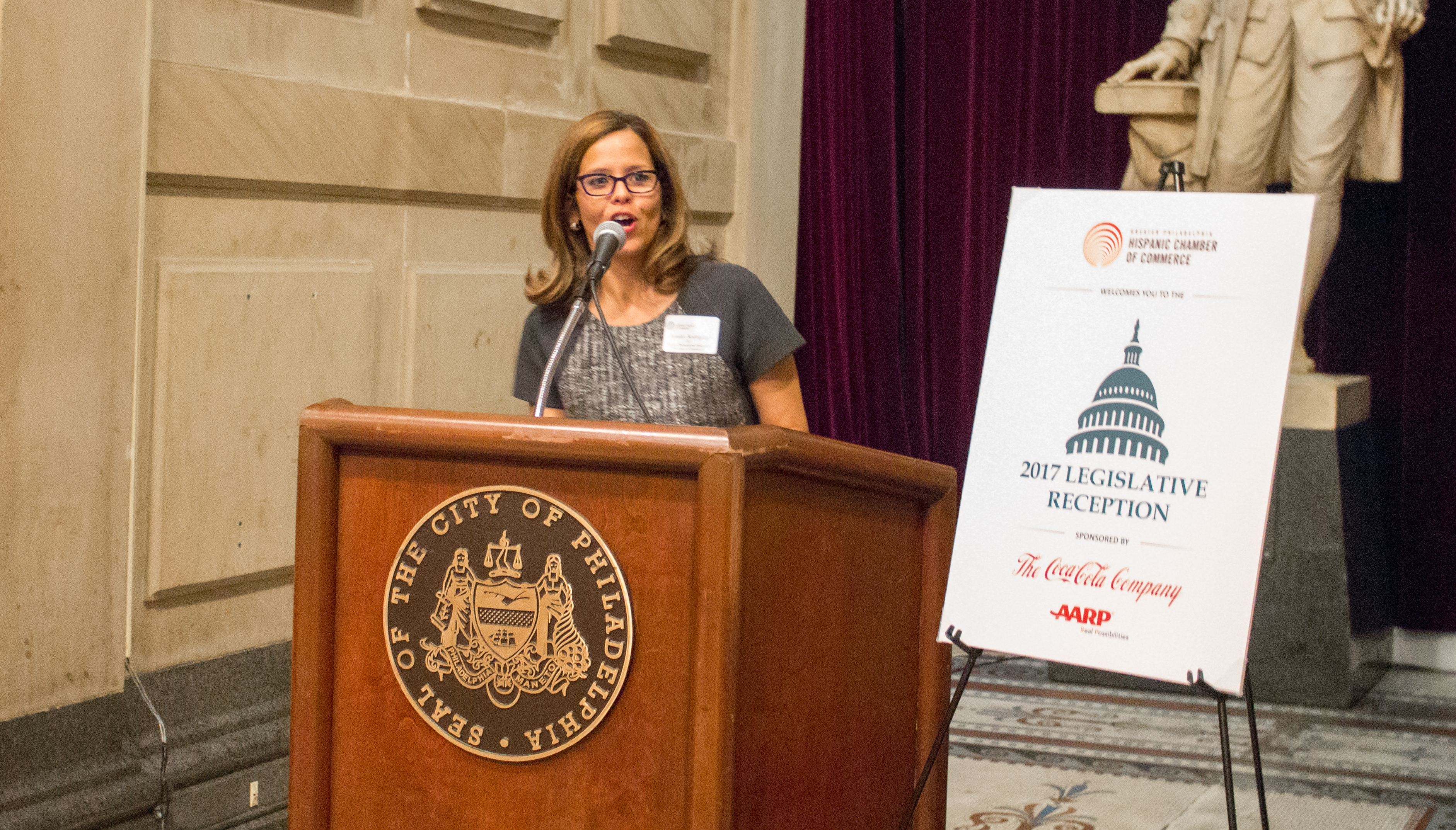 Jennifer Rodriguez, President and CEO of the Greater Philadelphia Hispanic Chamber of Commerce, speaks at Thursday evening's Legislative Reception. 