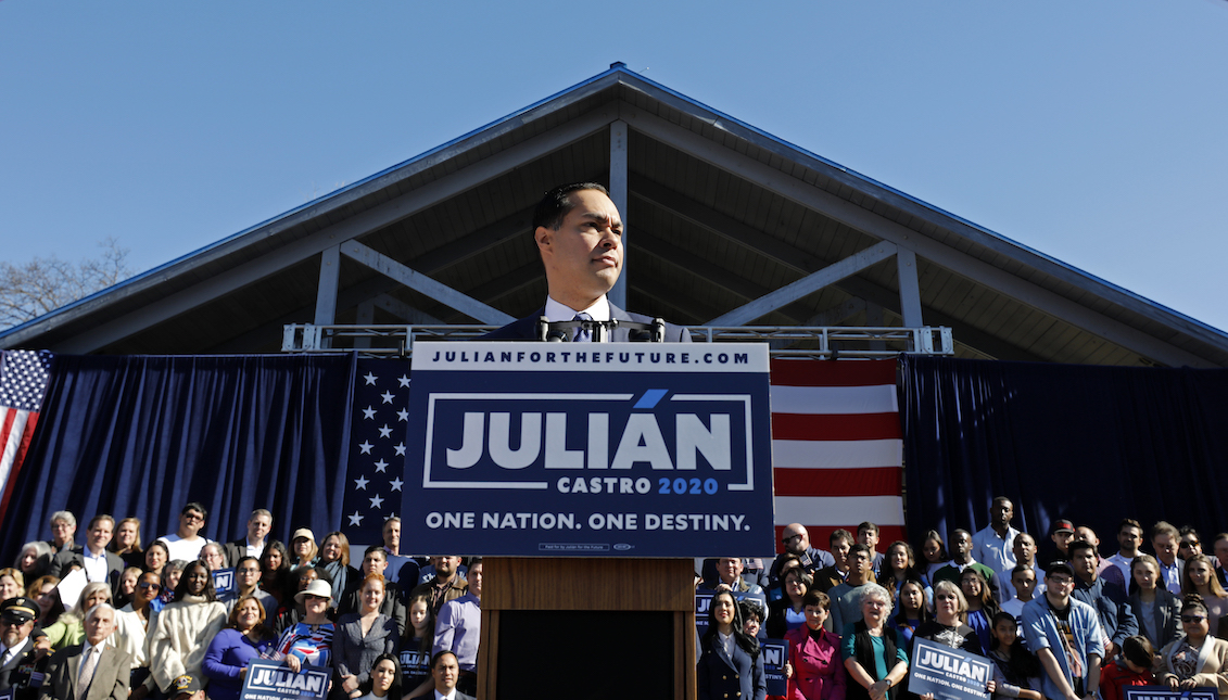 SAN ANTONIO, TX - JANUARY 12: Julian Castro, former U.S. Department of Housing and Urban Development (HUD) Secretary and San Antonio Mayor, announces his candidacy for president in 2020 at Plaza Guadalupe on January 12, 2019, in San Antonio, Texas. If successful, Castro would be the first Hispanic candidate to win the White House. (Photo by Edward A. Ornelas/Getty Images)