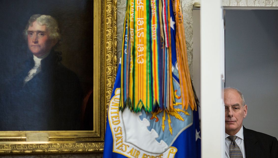 White House Chief of Staff John Kelly listens to US President Donald J. Trump (not pictured) during a meeting with North Korean defectors in the White House Oval Office, Washington DC (United States) on February 2, 2018. Kelly has called the Dreamers "scared or lazy" when it comes to renewing their application to the DACA program. EFE / Zach Gibson