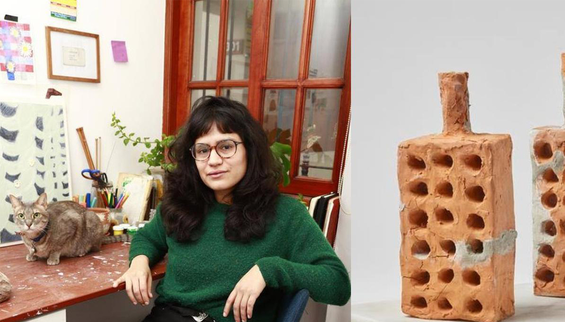 Viviana Balcárcel and her sculpture "18 holes". Photo: El Comercio