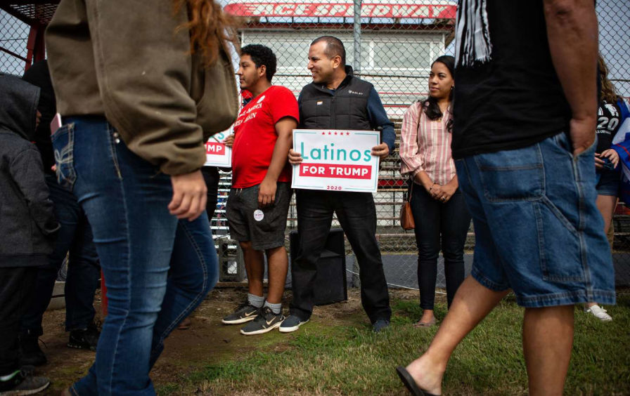 Latino Trump supporters gather at Ace Speedway for a Trump rally on September 19, 2020, in Elon, N.C. (Jason Armond / Los Angeles Times via Getty Images)  