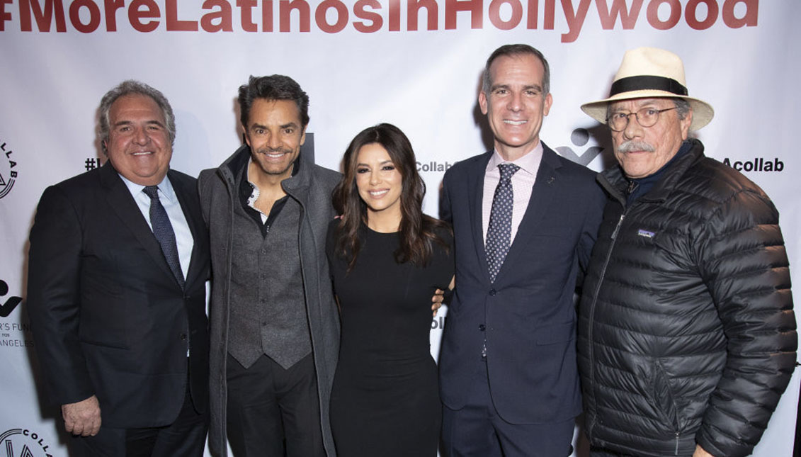 (L-R) Jim Gianopulos, Eugenio Derbez, Eva Longoria, Eric Garcetti, and Edward James Olmos attend the launch of "LA Collab" with Mayor Garcetti at the Boyle Heights Arts Conservatory on January 13, 2020 in Los Angeles, California. Photo: Leon Bennett/Getty Images.