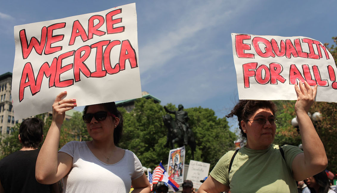 Hundreds of activists, supporters of illegal immigrants and members of the Latino community rally against a new Arizona law in Union Square on May Day on May 1, 2010 in New York City. Spencer Platt—Getty Images