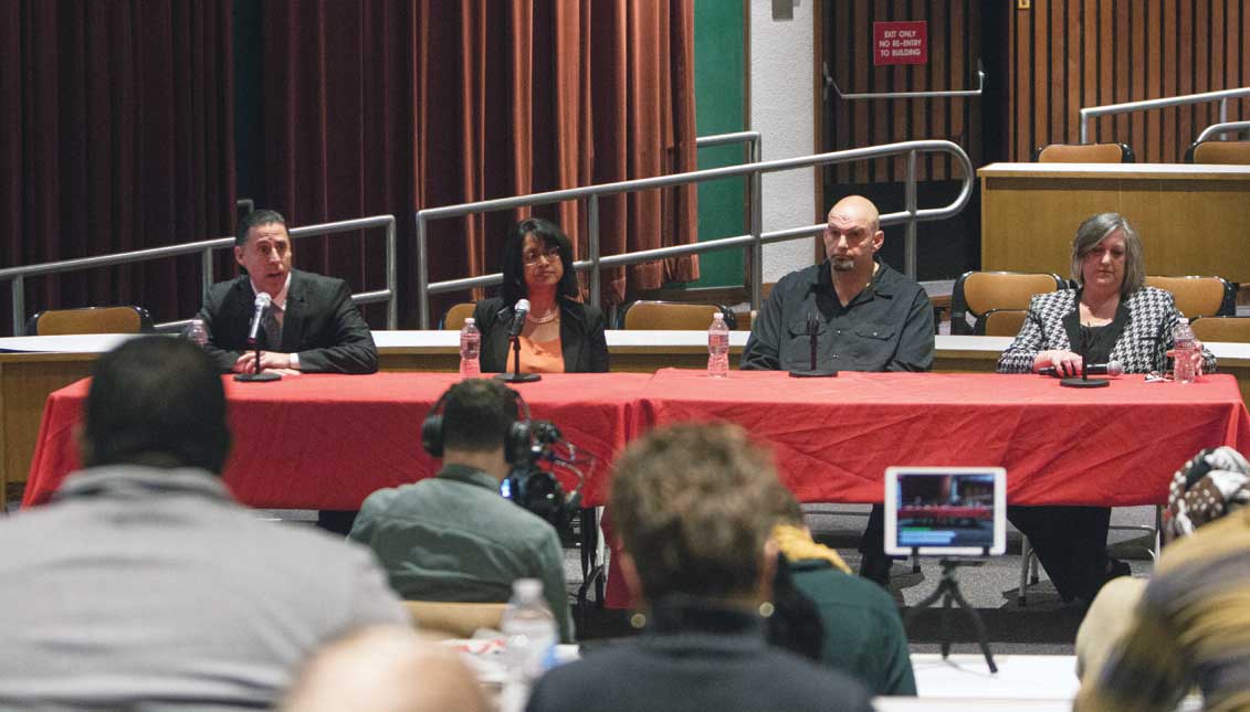 The four Democratic candidates challenging Lt. Gov. Mike Stack in the May 15 primary: Ray Sosa, Dr. Nina Ahmad, Braddock Mayor John Fetterman, and Chester County Commissioner Kathi Cozzone. Samantha Laub / AL DÍA News