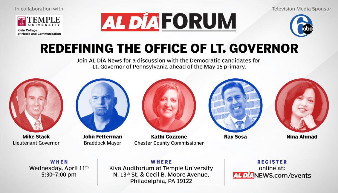 A forum with candidates for the state Lt. Governor position will be hosted by  on April 11 from 5:30 - 7 p.m at Kiva Auditorium at Temple University. Graphic by Samantha Laub. 