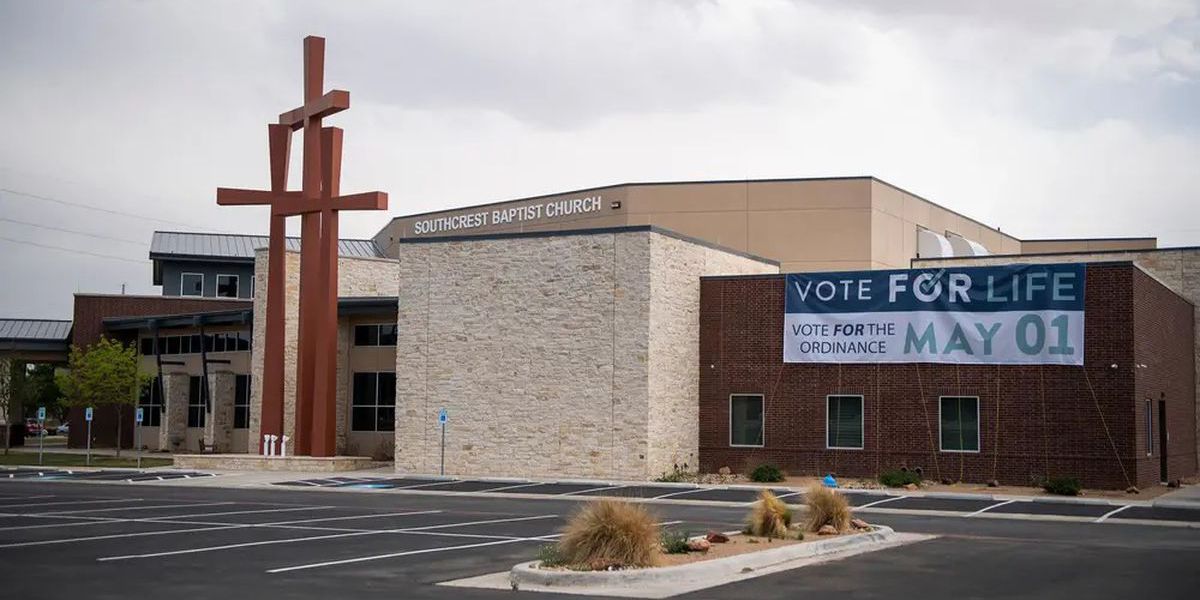 Banner at Southcrest Baptist Church on April 27, in Lubbock. Photo Justin Rex courtesy of The Texas Tribune.