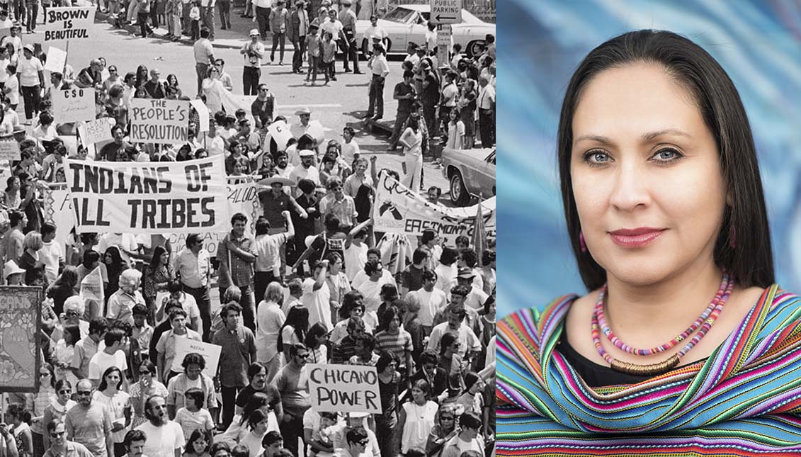 (Izq) La marcha de la Moratoria Chicana de 1970 en Los Ángeles. (Dcha) La activista chicana Lupe Cardona, presidenta de la Asociación de Educadores de la Raza (capítulo de Los Ángeles). Photo: George Rodríguez / Lupe Cardona. 