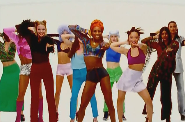 Video still from a 1996 music video of Macarena, directed by Vincent Calet, featuring Los Del Río and Tracee Ellis Ross