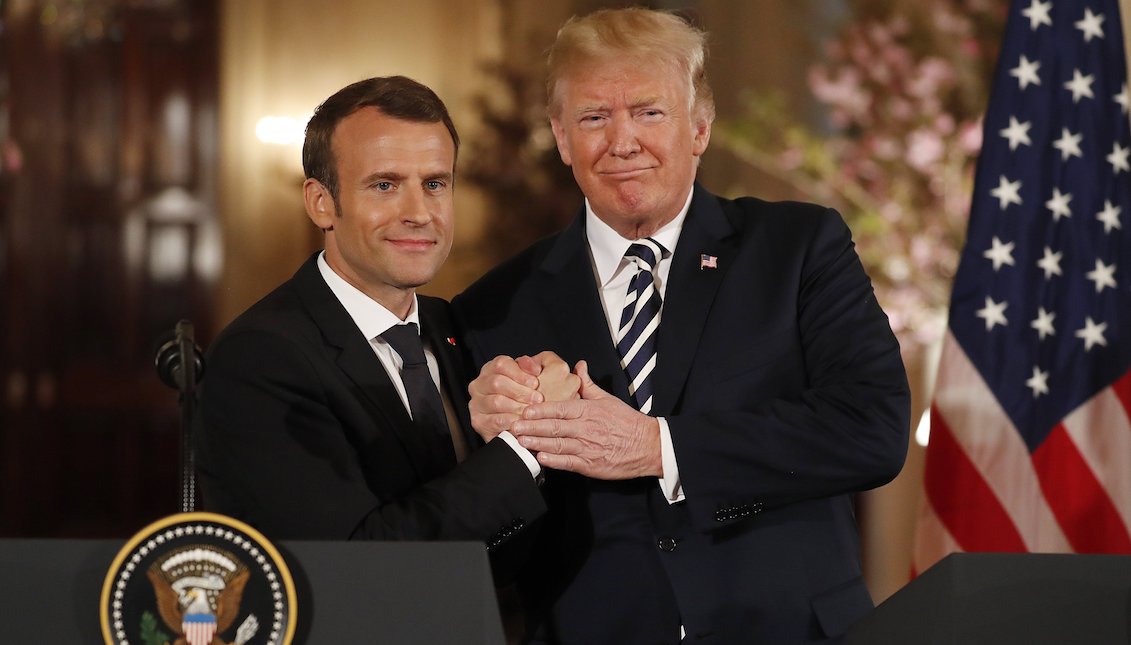 US President Donald Trump (R) and French President Emmanuel Macron (L) offer a press conference after a welcome ceremony at the White House in Washington DC, United States, on April 24, 2018. Macron makes a state visit to the country marked by Iran and trade.  EFE/Shawn Thew.