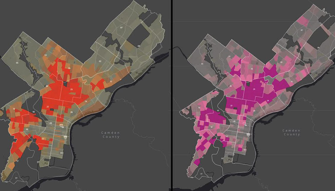 Left: Shootings per 1,000 residents; Right: Percent households living below the federal poverty linePHILADELPHIA DISTRICT ATTORNEY'S OFFICE