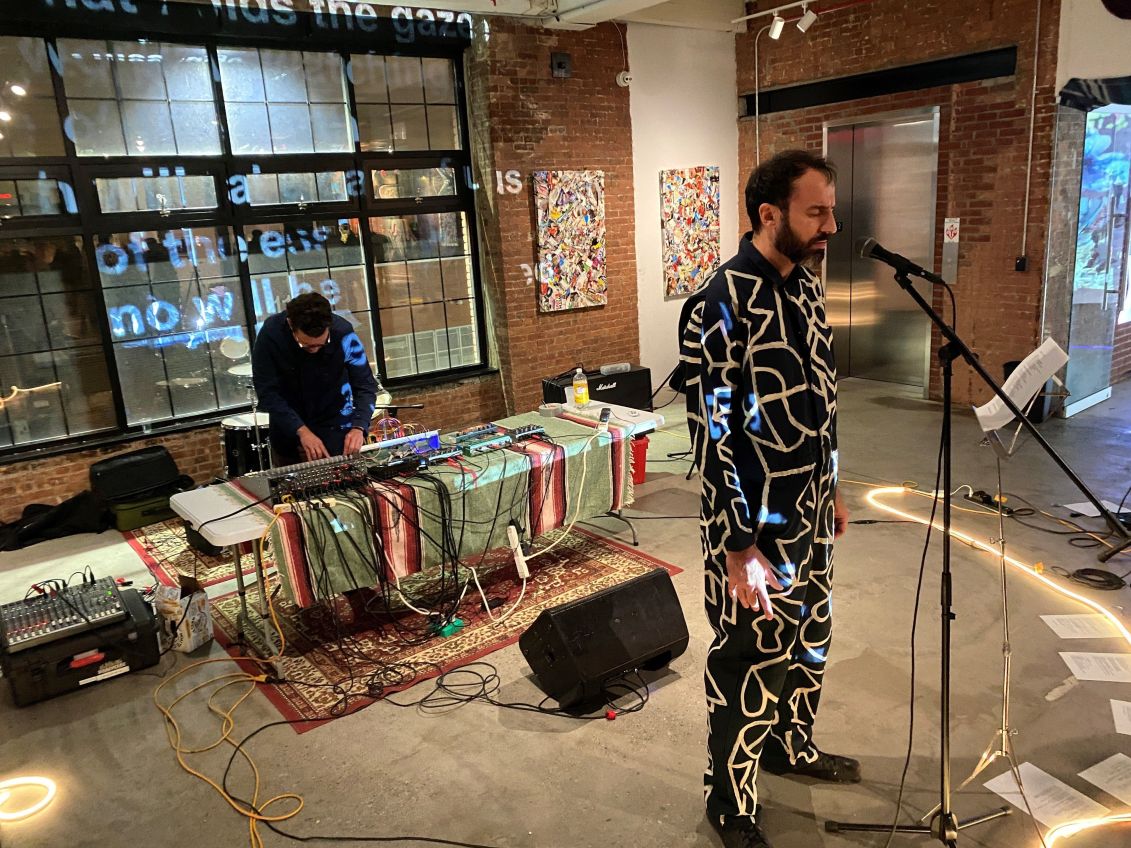 Spanish poet Marcos de la Fuente during his performance "The Empathy Muscle" at La Casa ArtHouse in the Clouds, this Saturday in New York. Photo by Nora Quintanilla.