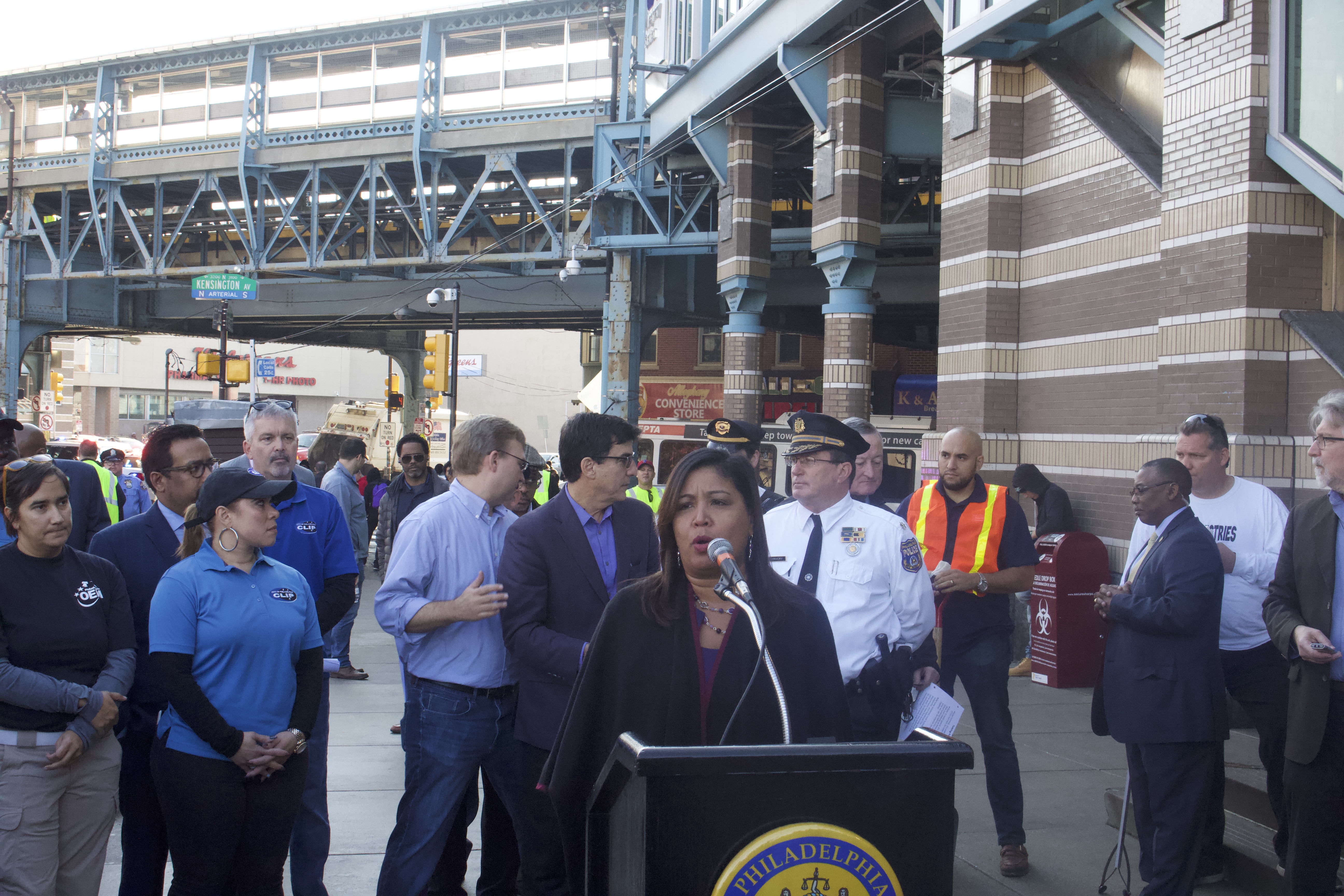 Councilwoman Maria Quiñones-Sanchez speaks at the Kensington Avenue clean-up on Nov. 1.