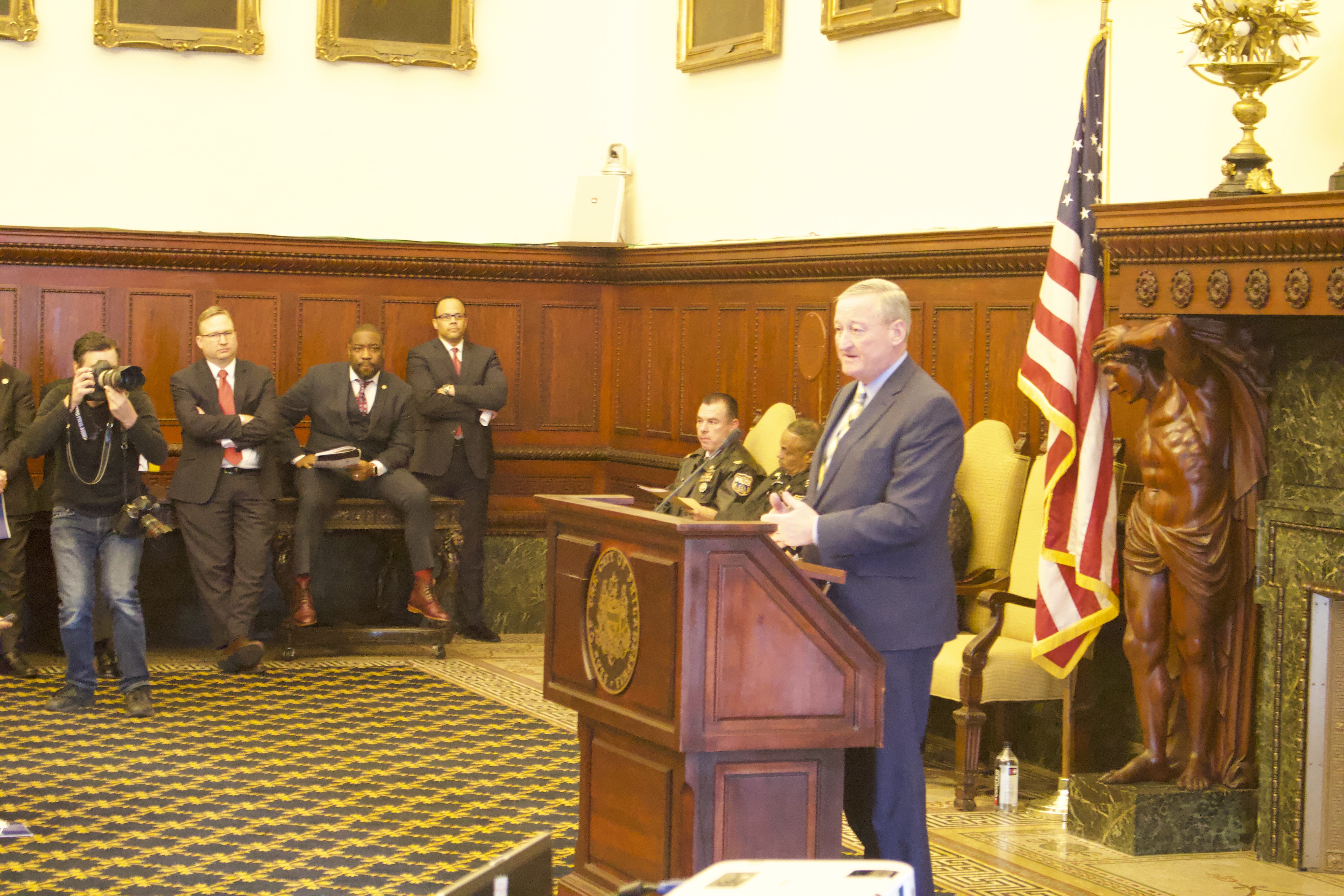 Mayor Jim Kenney announces the details of his administration's new gun violence reduction plan at City Hall. Photo: David Maas/AL DÍA News. 