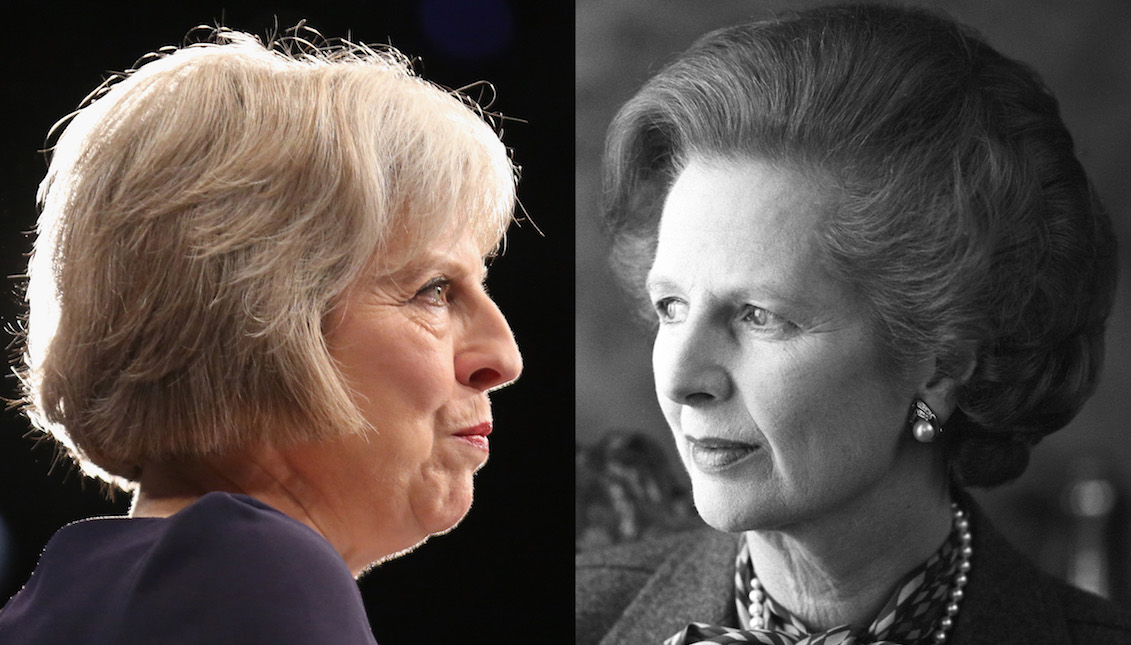 (LEFT) MANCHESTER, ENGLAND: Home Secretary Theresa May delivers her keynote speech to delegates during the Conservative Party Conference on October 6, 2015, in Manchester, England. (Photo by Christopher Furlong/Getty Images) (RIGHT) British Prime Minister Margaret Thatcher poses inside Number 10 Downing Street in London, England on April 01, 1984. (Photo by Express/Getty Images)