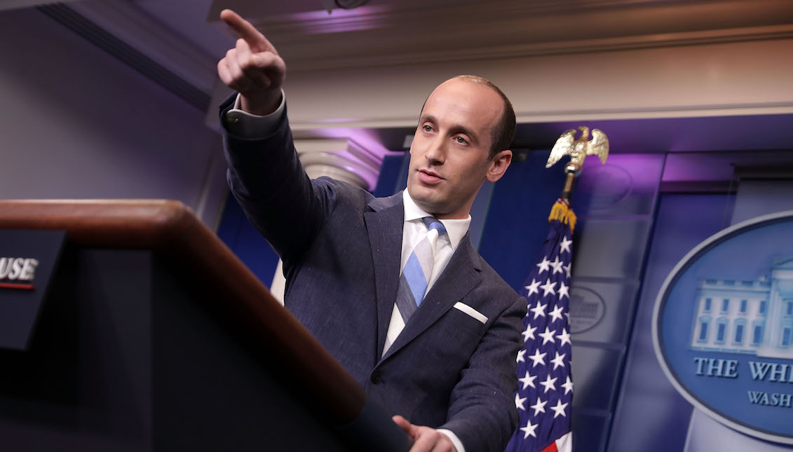 WASHINGTON, DC - AUGUST 02: Senior Advisor to the President for Policy Stephen Miller calls on reporters while talking about President Donald Trump's support for creating a 'merit-based immigration system' in the James Brady Press Briefing Room at the White House August 2, 2017 in Washington, DC. (Photo by Chip Somodevilla/Getty Images)