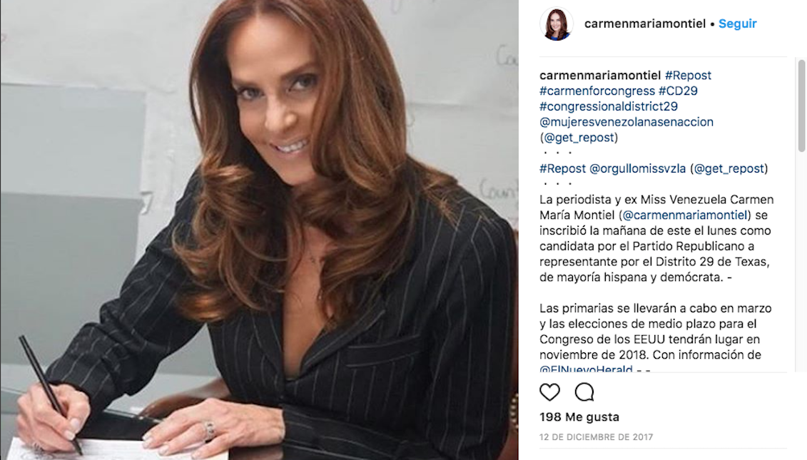 La periodista y ex miss Venezuela, Carmen María Montiel, mientras inscribía el pasado mes de diciembre su candidatura para ser representante del Partido Republicano en el distrito 29 de Texas, de mayoría hispana y demócrata. Fuente: instagram. 