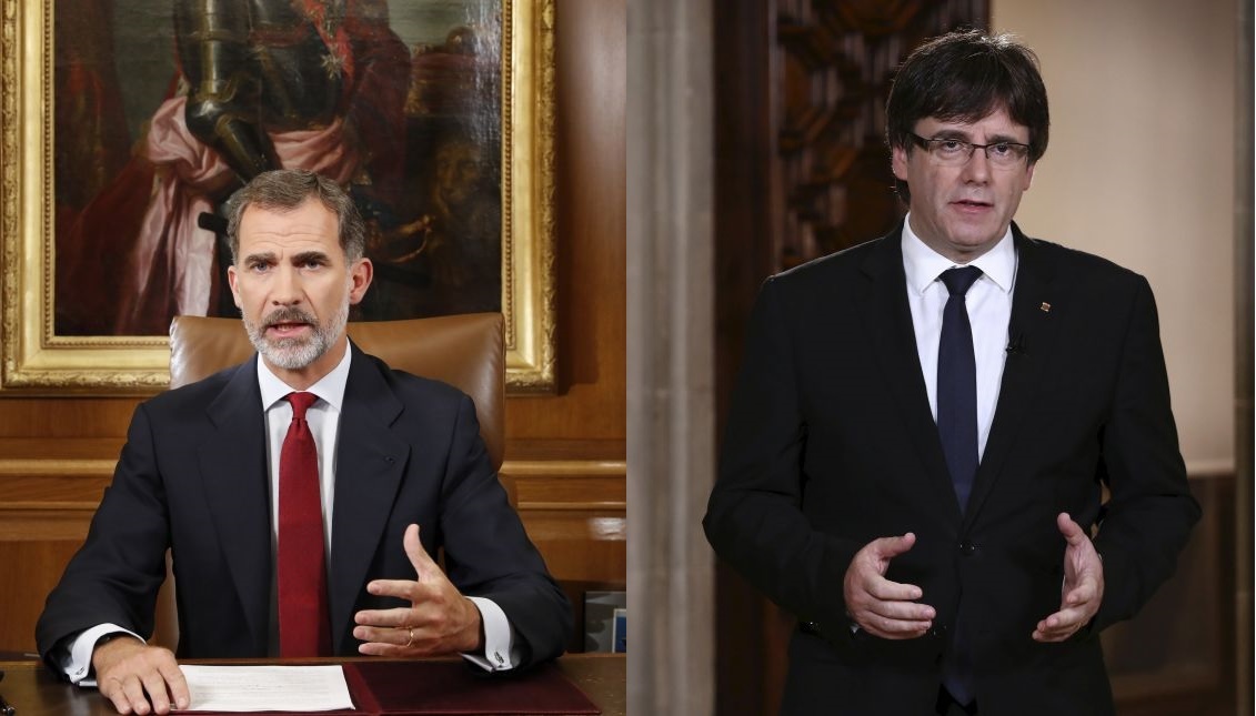 Spanish King Felipe VI  (L) giving a speech two days after the celebration of the Catalonian illegal referendum, in Madrid, Spain, Oct. 3, 2017. 24 hours later, the President of Catalonia, Carles Puigdemont (R), answered him back. EPA-EFE/Spanish Royal Household/Francisco Gomez