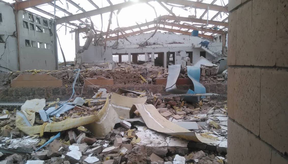 Image of the remains of the medical assistance center run by Doctors Without Borders in Abs, Yemen, which was destroyed by the US-backed coalition on Monday. Source: @msf_yemen