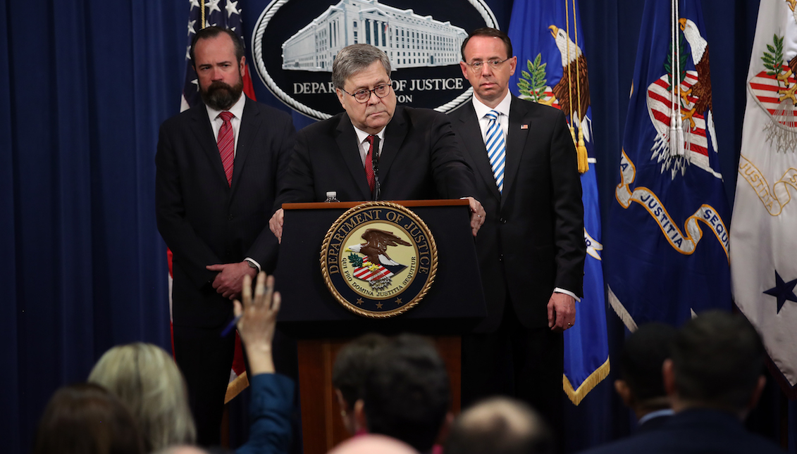 WASHINGTON, DC - APRIL 18: U.S. Attorney General William Barr (C) takes questions about the release of the redacted version of the Mueller Report at the Department of Justice April 18, 2019, in Washington, DC. (Photo by Win McNamee/Getty Images)