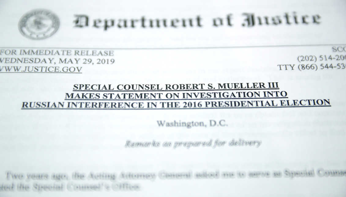 WASHINGTON, DC - MAY 29: A copy of Special Counsel Robert Mueller's statement about the Russia investigation is made available to reporters on May 29, 2019, at the Justice Department in Washington, DC. (Photo by Chip Somodevilla/Getty Images)