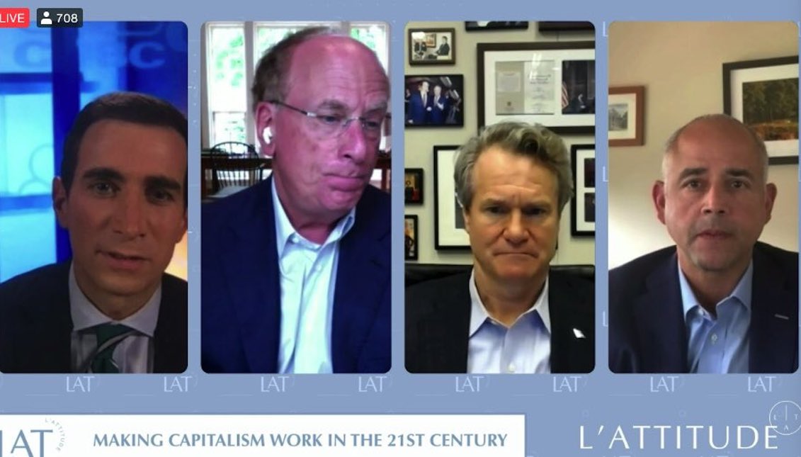 Panel L'Attitude 2020 "Making Capitalism Work in the 21st Century", with Larry Fink, CEO of Black Rock, Brian Moynihan, CEO of Bank of America, and Jose Minaya, CEO of Nuveen. Courtesy of L'Attitude 2020. 