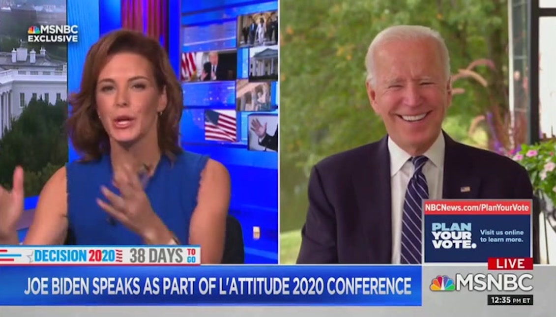 Screenshot of Democrat presidential candidate Joe Biden at the virtual L’Attitude conference in San Diego. He was interviewed by Stephanie Ruhle, a senior business reporter at MSNBC. (Screenshot from L’Attitude website)