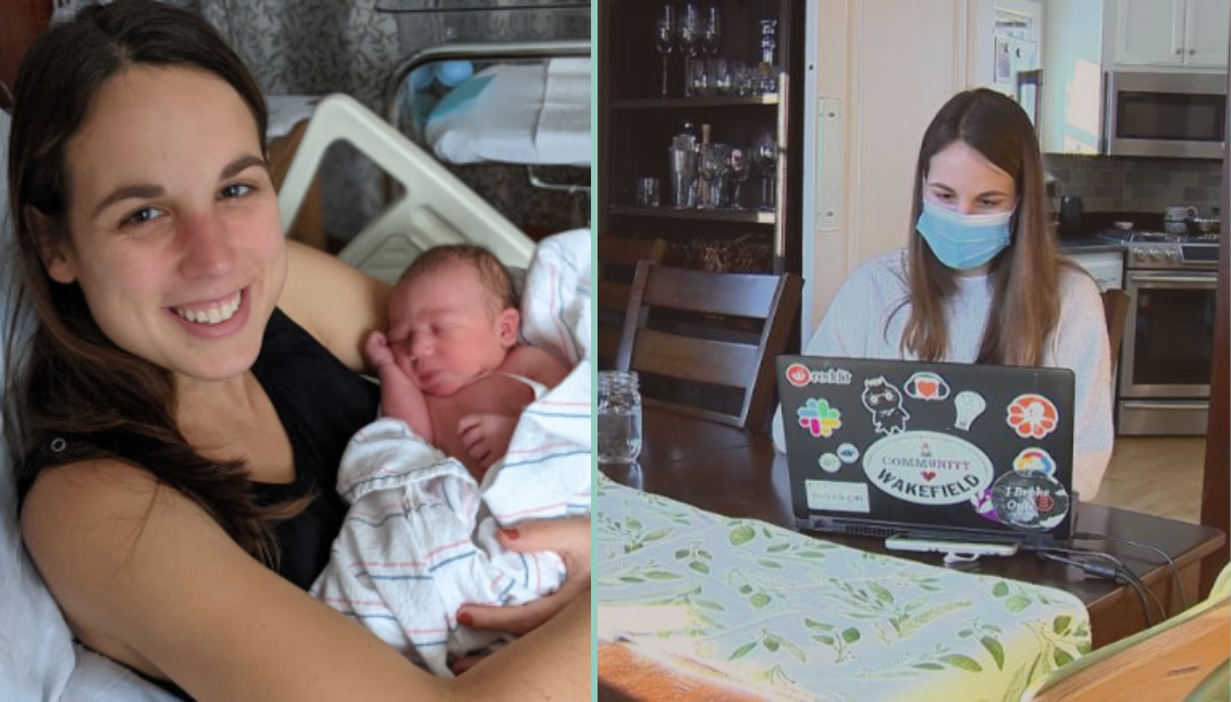 Olivia Adams holding her newborn (left) Adams working on the vaccine scheduling site (right) Photos courtsey of Olivia Adams