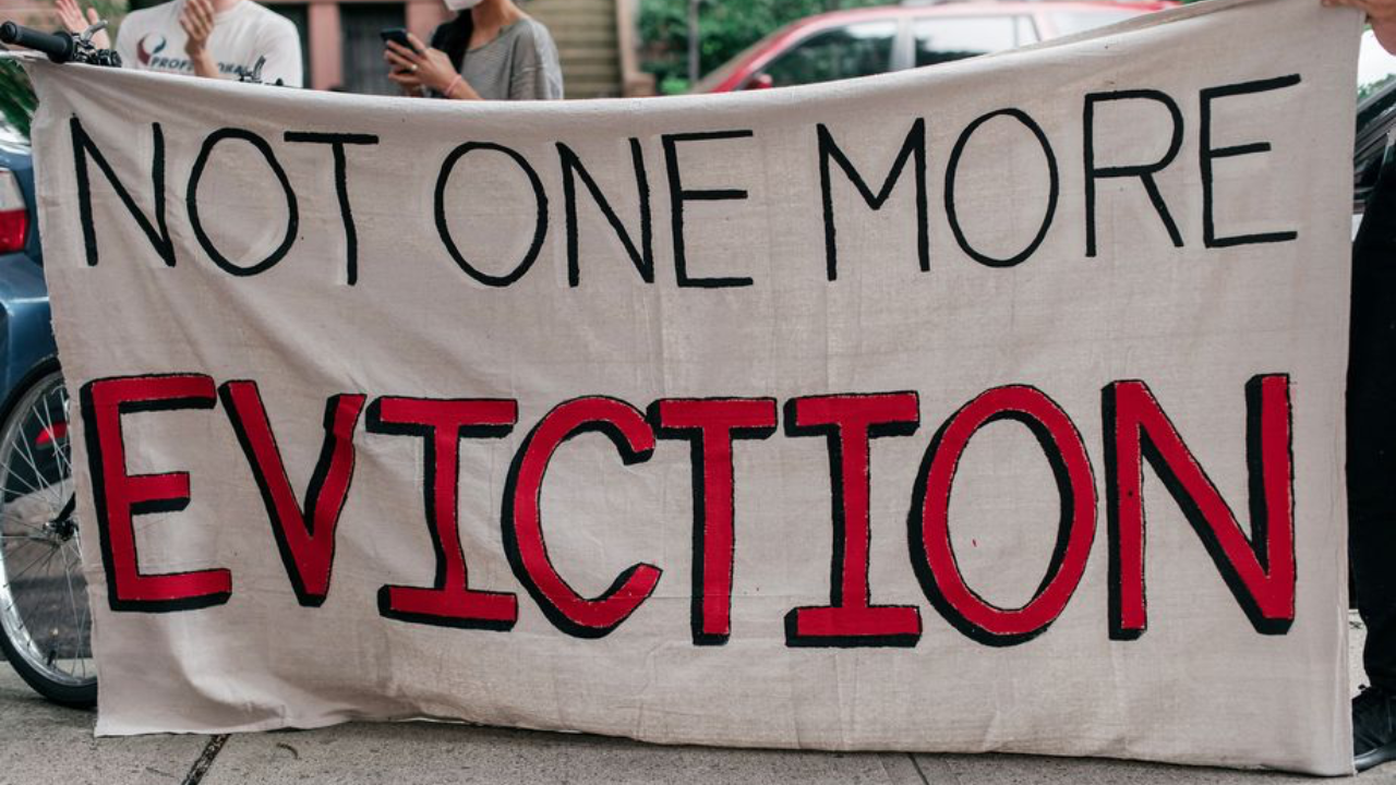 "Not One More Eviction" banner. Photo: Scott Heins/Getty Images