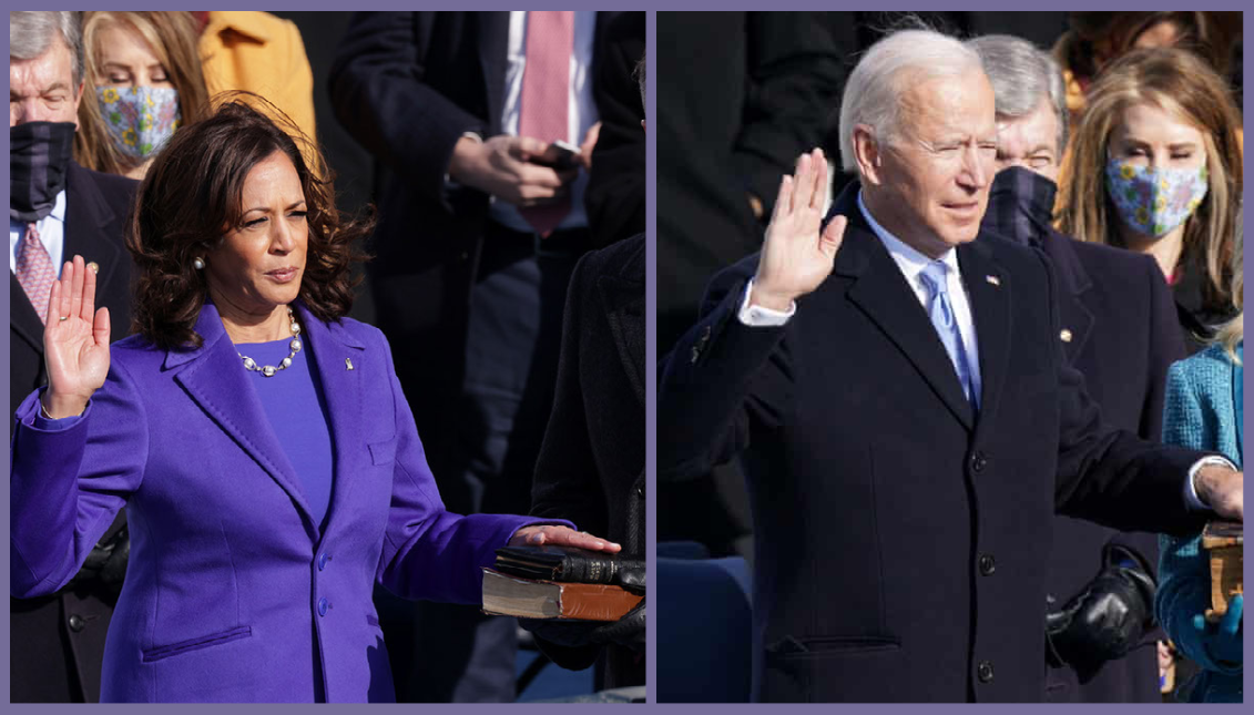 Harris & Biden take their sacred oaths. Photos: Alex Wong via Getty Images/Kevin Lamarque via Reuters