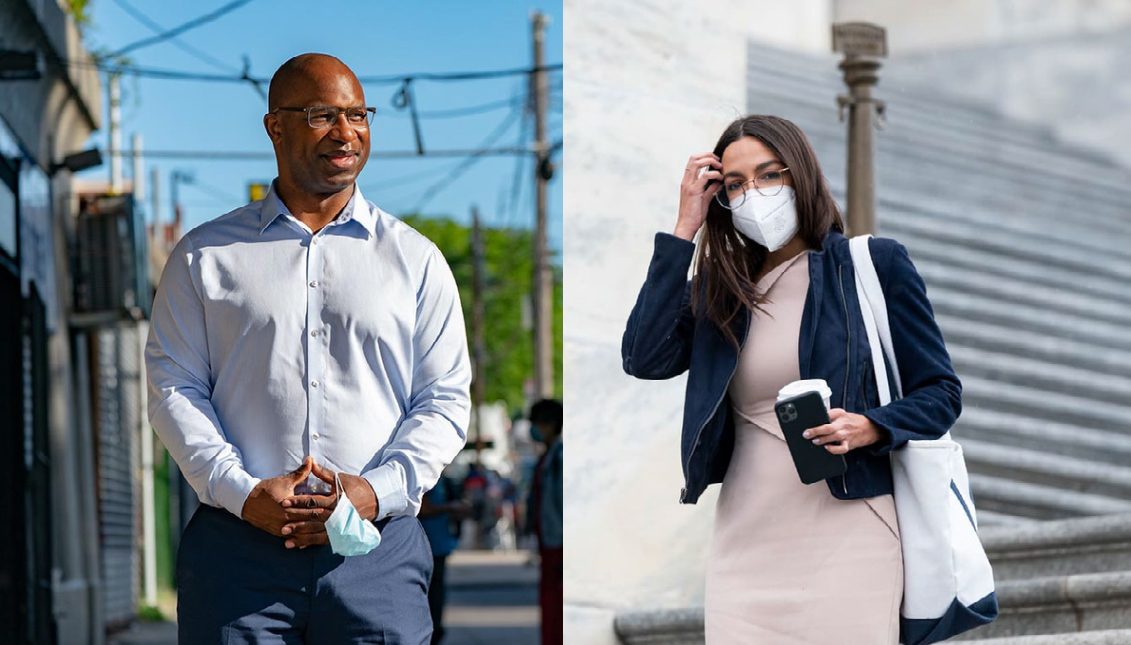 Bowman and AOC, along with 52 members of Congress callon HUD and Treasury to review ERA requirements. Photo: Jeenah Moon/Getty Images, Bill Clark/Getty Images
