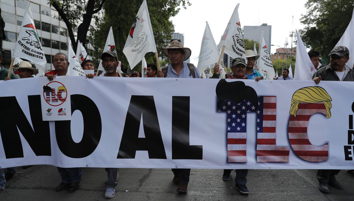 Civil organizations demonstrate to protest the start of NAFTA renegotiations, in the streets of Mexico City, Mexico, 16 August 2017. EPA/Jose Mendez