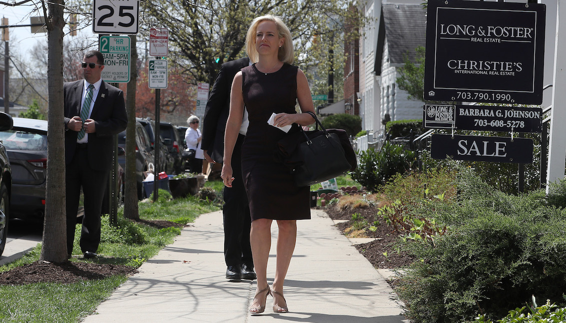 ALEXANDRIA, VIRGINIA - APRIL 08: Outgoing Department of Homeland Security Secretary Kirstjen Nielsen walks out of her home to speak to the media on April 08, 2019 in Alexandria, Virginia. President Trump announced the departure of Nielson on Twitter after the two met at the White House on Sunday. (Photo by Mark Wilson/Getty Images)