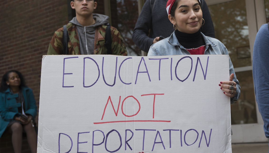 As part of a national series of university strikes in protest of the political initiatives proposed by Republican President-elect Donald J. Trump regarding immigration and the deportation of undocumented immigrants, almost a thousand students and faculty members at the University of Rutgers organized a rally and march in downtown New Brunswick, New Jersey, on November 16, 2016. (Albin Lohr-Jones / Sipa / AP Photo)