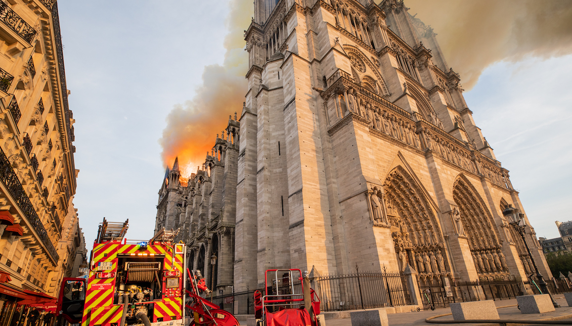 PARIS, FRANCE - APRIL 15: In this handout image provided by Brigade de sapeurs-pompiers de Paris, firefighters battle the blaze at Notre-Dame Cathedral on April 15, 2019 in Paris, France. A fire broke out on Monday afternoon and quickly spread across the building, collapsing the spire. The cause is yet unknown but officials said it was possibly linked to ongoing renovation work. (Photo by Benoît Moser/BSPP via Getty Images)