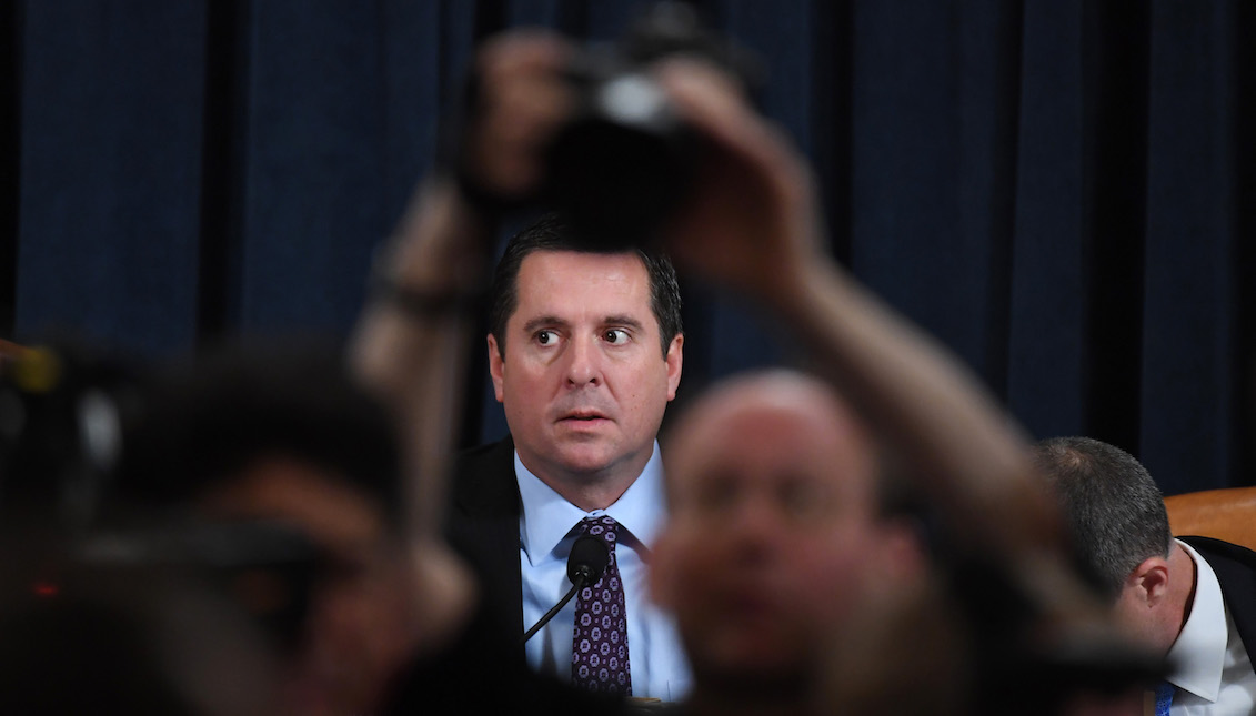 WASHINGTON, DC - NOVEMBER 21: Ranking member Rep. Devin Nunes (R-CA) looks on before testimony by Fiona Hill, the National Security Council’s former senior director for Europe and Russia, and David Holmes, an official from the American embassy in Ukraine, before the House Intelligence Committee in the Longworth House Office Building on Capitol Hill November 21, 2019 in Washington, DC. (Photo by Matt McClain-Pool/Getty Images)