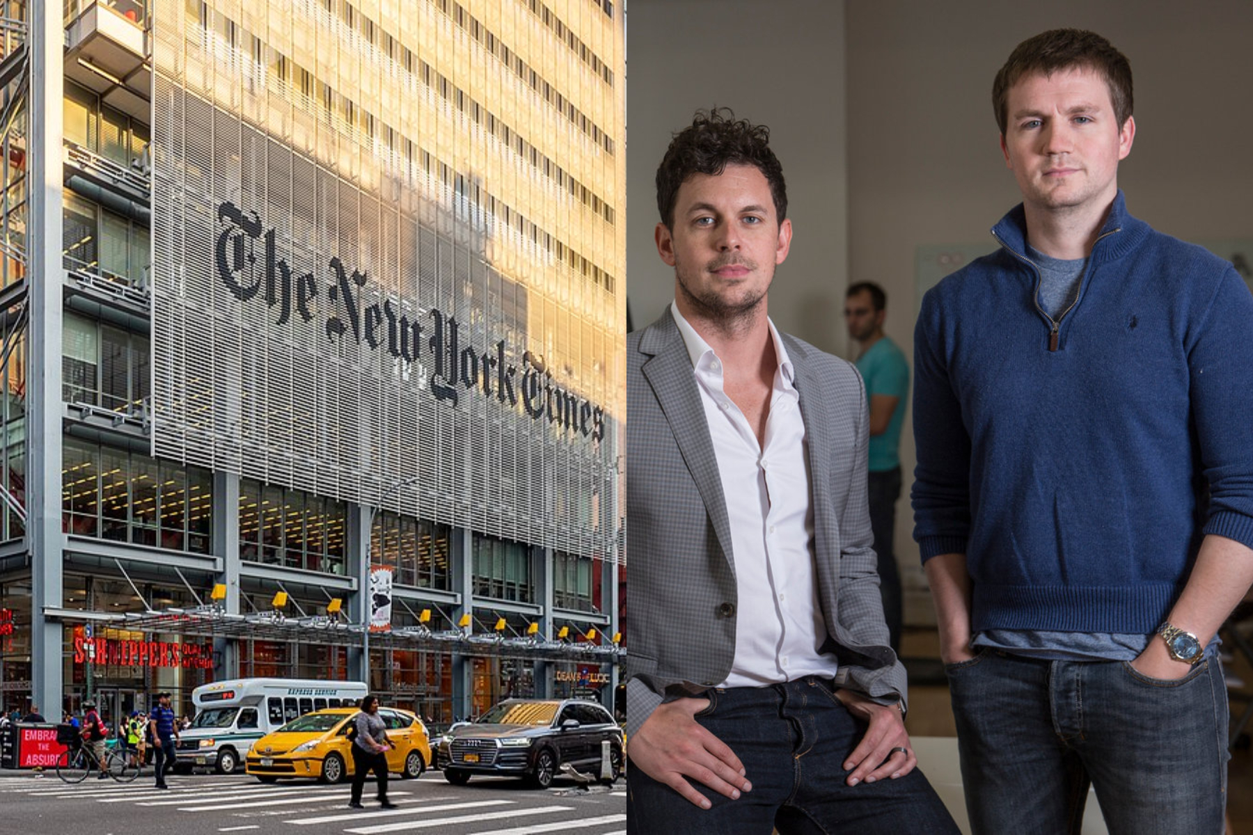 The New York Times headquarters and the founders of The Athletic. Photo Credits: Wikimedia Commons/The Athletic.