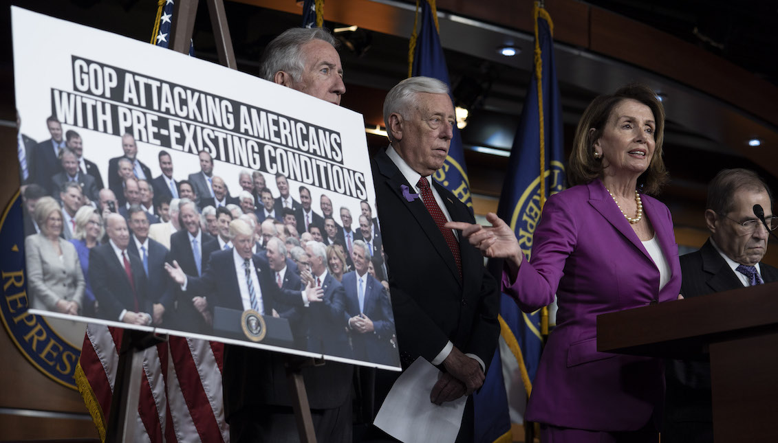 WASHINGTON, DC - JUNE 13: House Minority Leader Nancy Pelosi, (D-CA) gestures during a news conference held by House Democrats condemning the Trump Administration's targeting of the Affordable Care Act's pre-existing condition, in the US Capitol on June 13, 2018 in Washington, DC. (Photo by Toya Sarno Jordan/Getty Images)