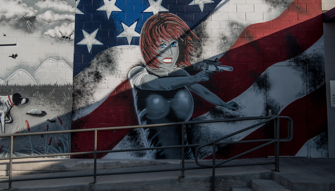 ODESSA, TX - SEPTEMBER 1: A mural on a wall outside a gun range following a deadly shooting spree on September 1, 2019 in Odessa, Texas. Seven people had been killed, in addition to the gunman and at least 21 others were wounded, including three law enforcement officers after a gunman went on a rampage. (Photo by Cengiz Yar/Getty Images)