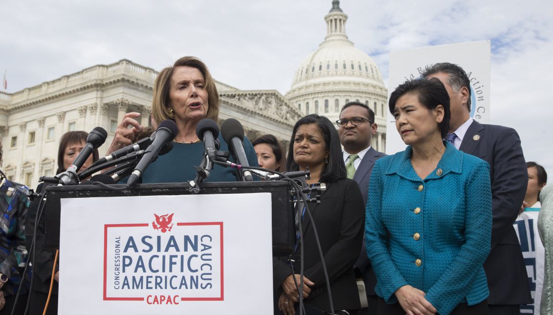 US House Minority Leader Democrat Nancy Pelosi (C) speaks beside Chair of the Congressional Asian Pacific American Caucus (CAPAC), Democratic Representative from California Judy Chu (R), during a news conference held by CAPAC to discuss immigration policy and Deferred Action for Childhood Arrivals (DACA), on Capitol Hill in Washington, DC, USA, Sept. 12, 2017. EPA-EFE/MICHAEL REYNOLDS
